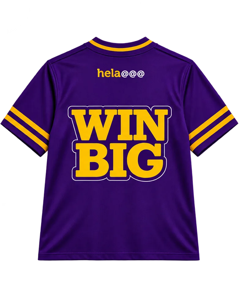 Camisa roxa Helabetter, vista de costas, com a frase WIN BIG